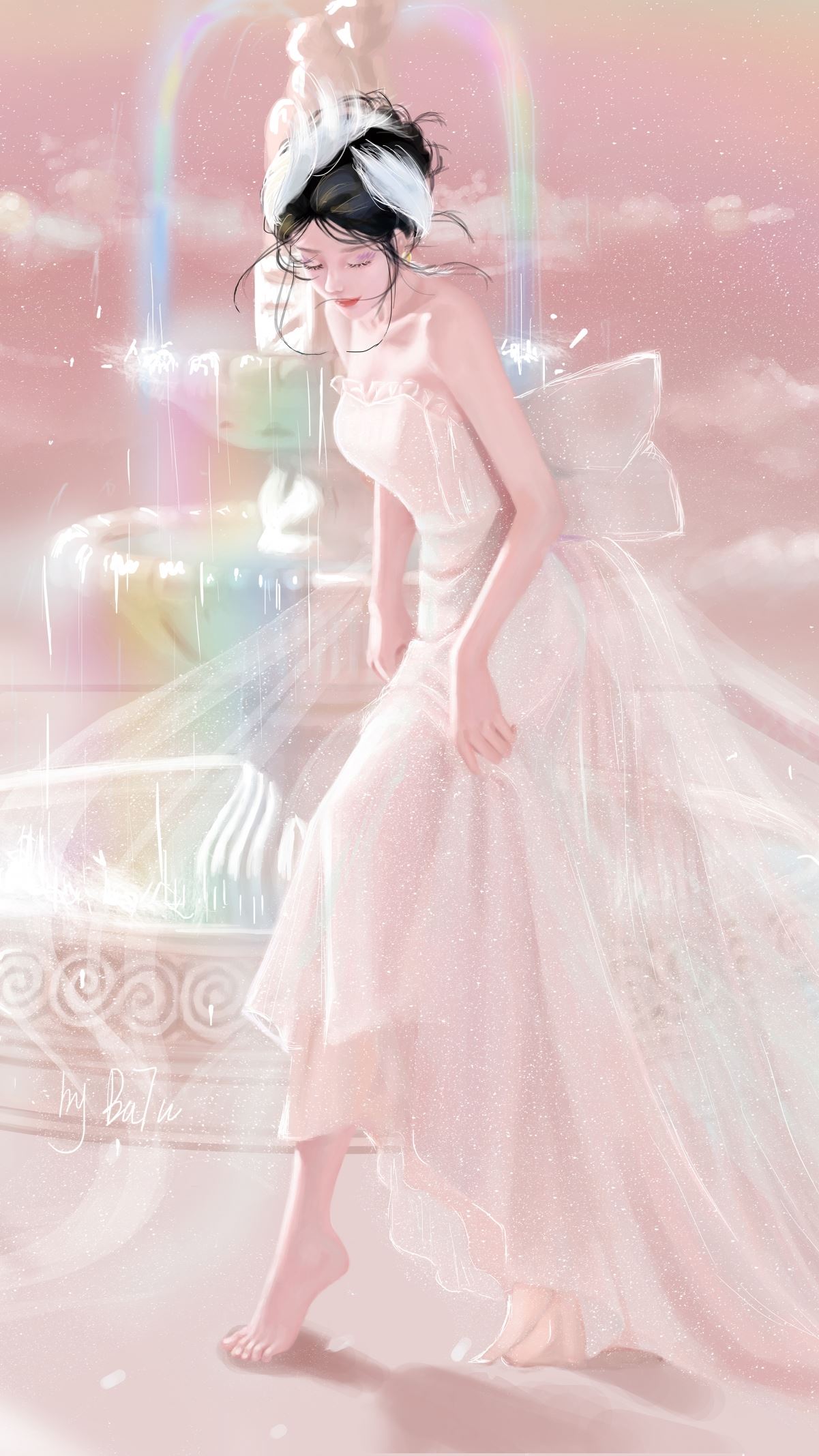 巴图BaTu 天鹅女孩 彩色喷泉 云雾 梦幻唯美4k高清手机壁纸2160x3840