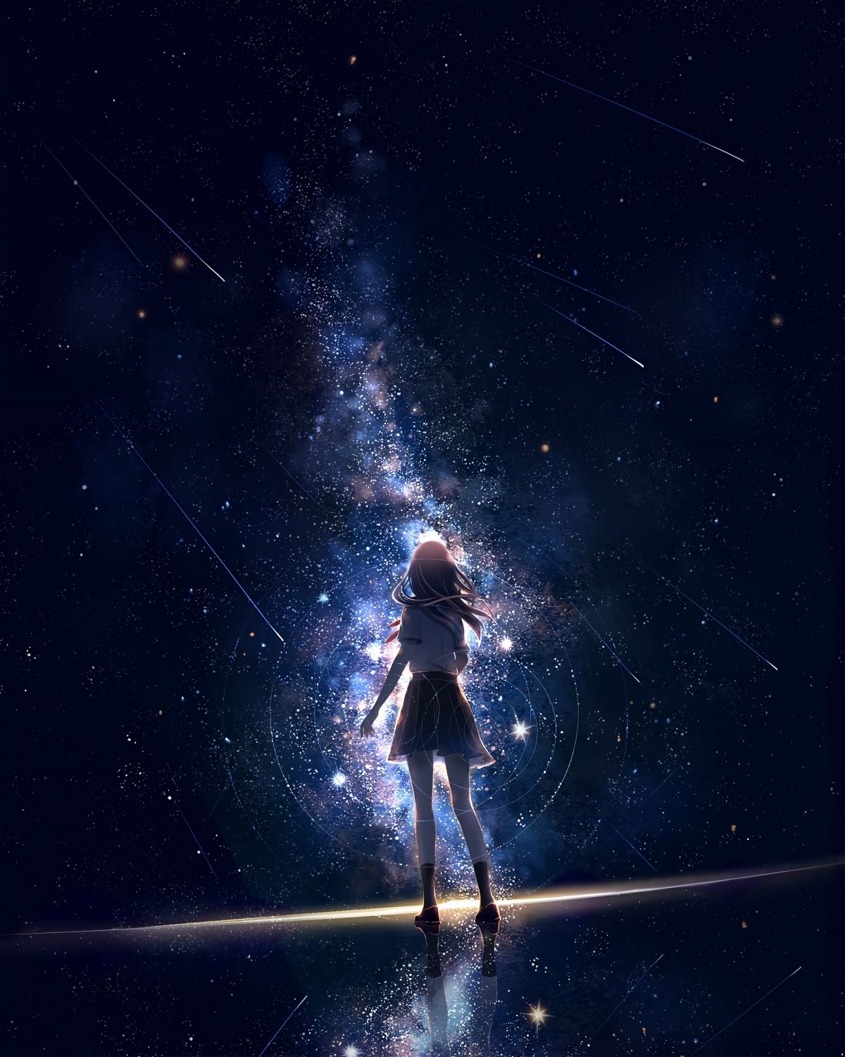 晚上 星空 少女 背影许愿 全面屏手机壁纸