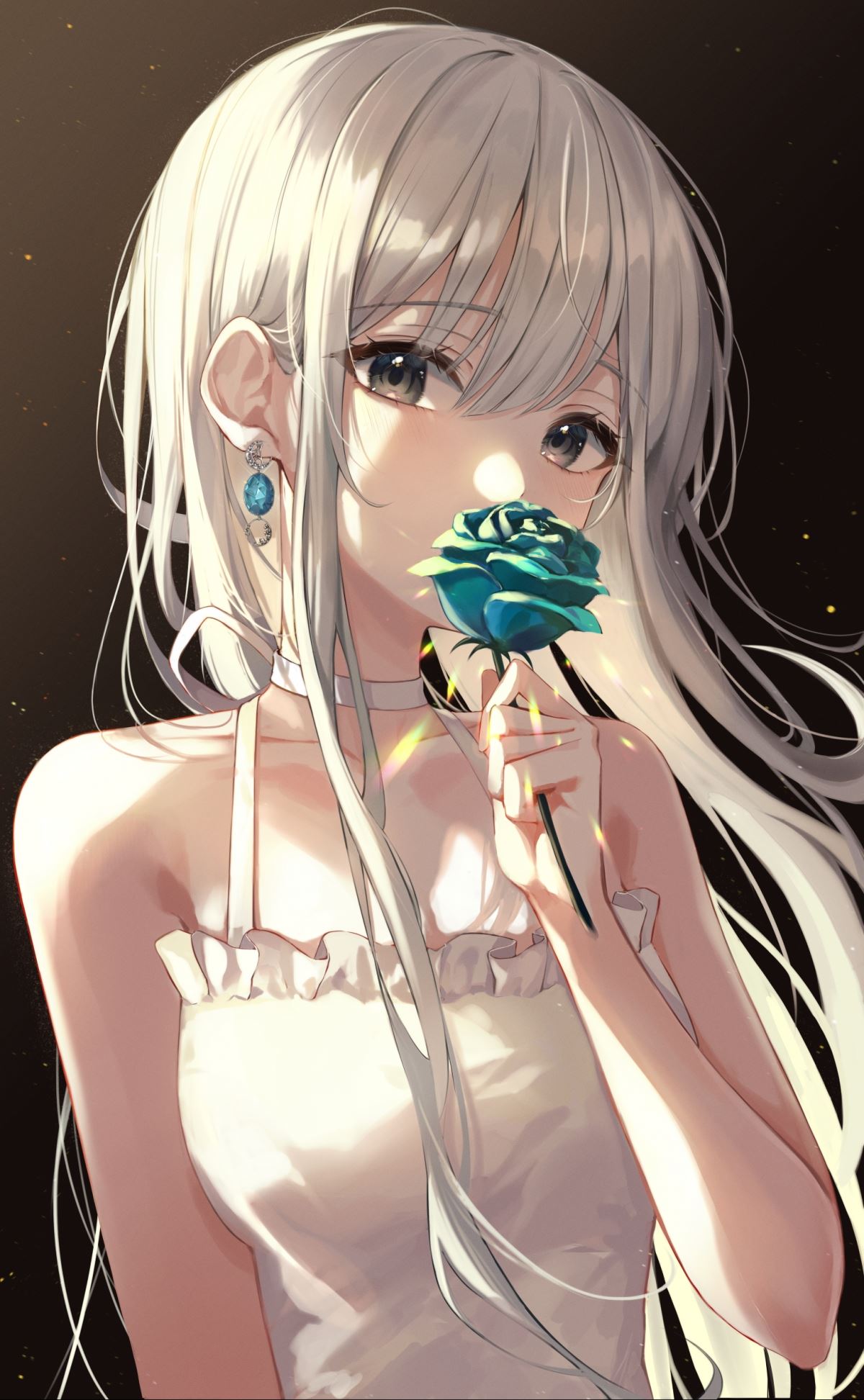 长头发动漫美女 蓝色玫瑰花 全面屏手机壁纸