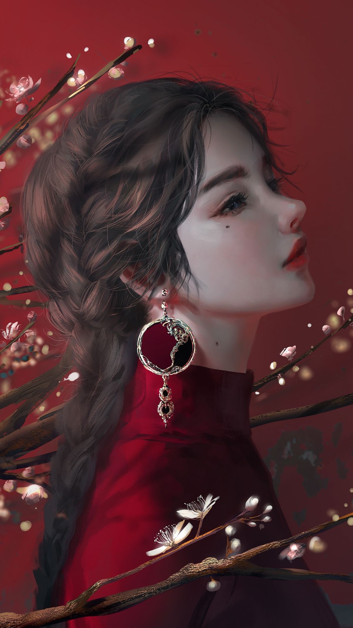 梅花 女孩 长辫子 唯美 厚涂 4k高清手机壁纸2160x3840